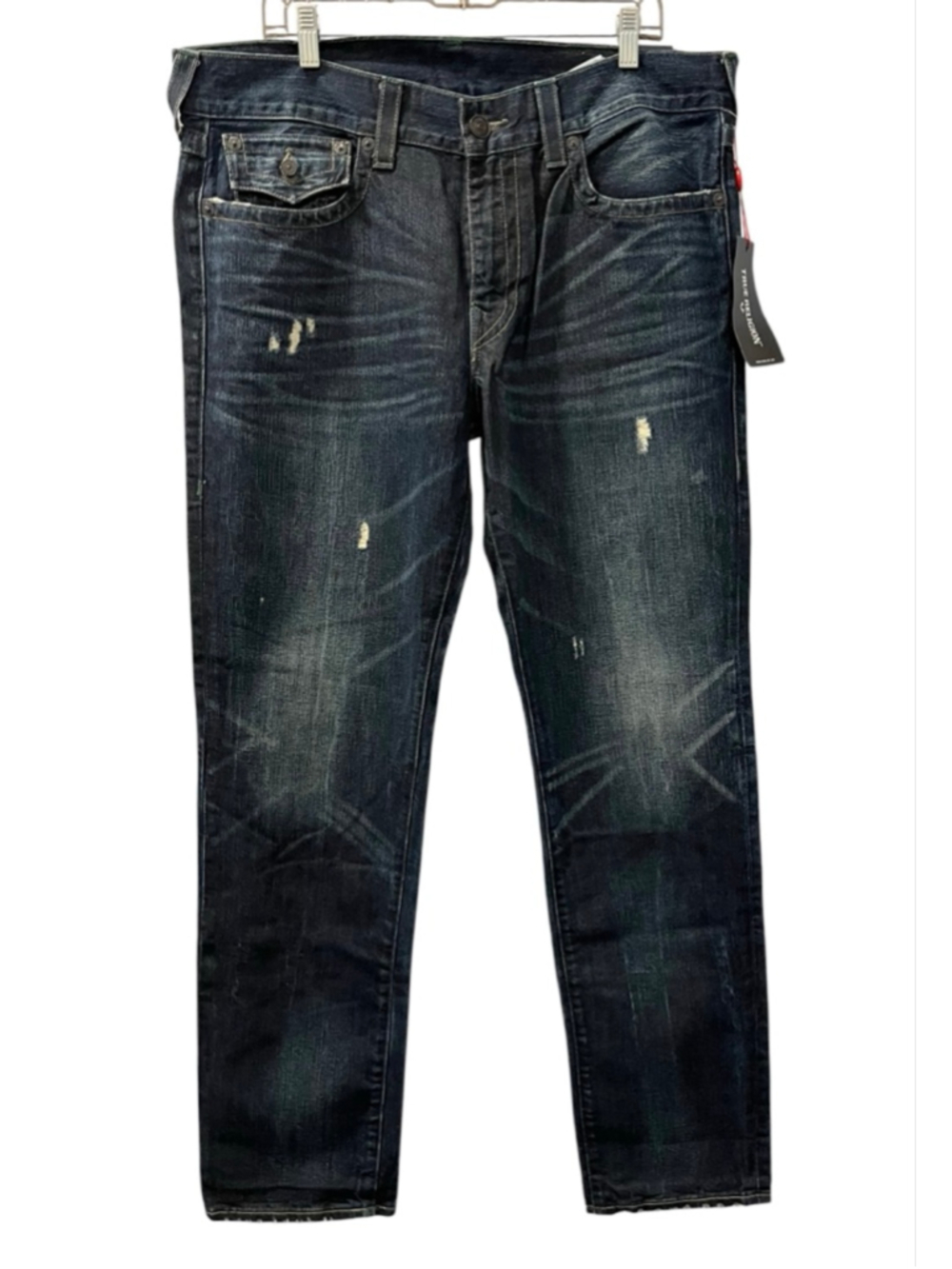 True Religion NWT Geno Slim Jeans Men's Size 36 Distressed Dark Wash Flap Pocket